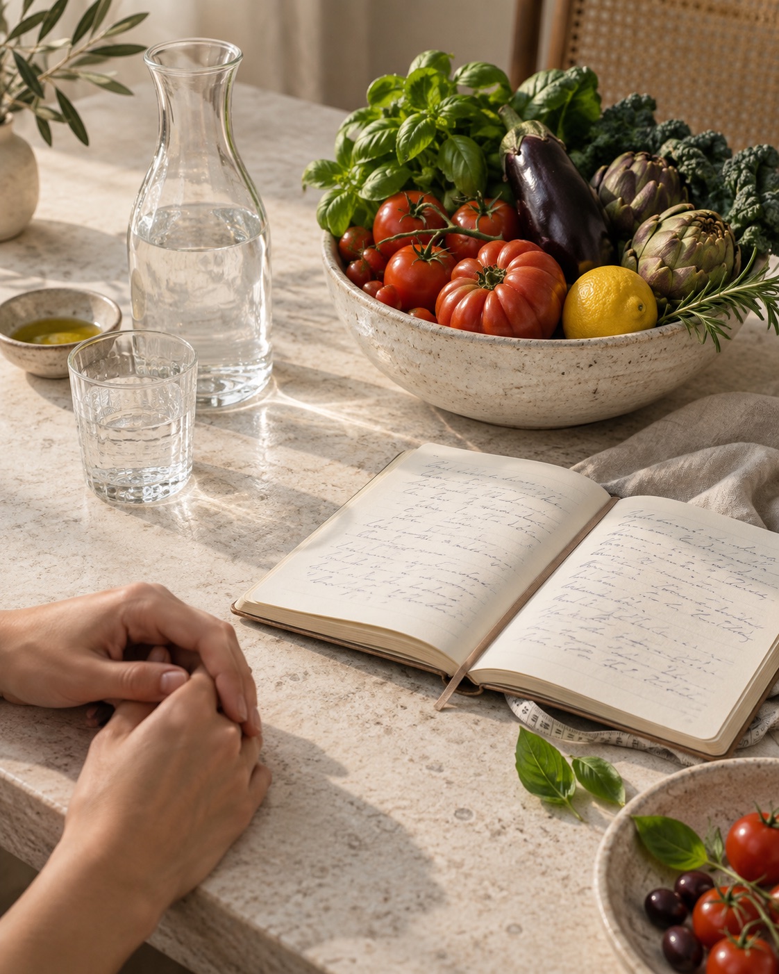 Immagine editoriale con alimenti mediterranei e diario alimentare